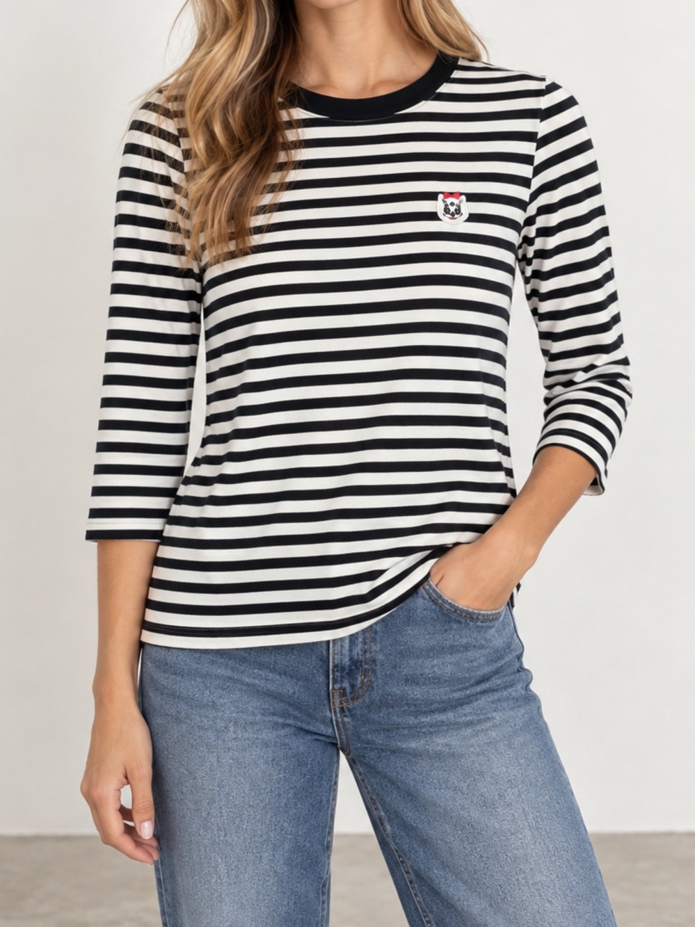 Kate Spade X Darcel Striped 3/4 Sleeve T-Shirt Embroidered Black White Medium